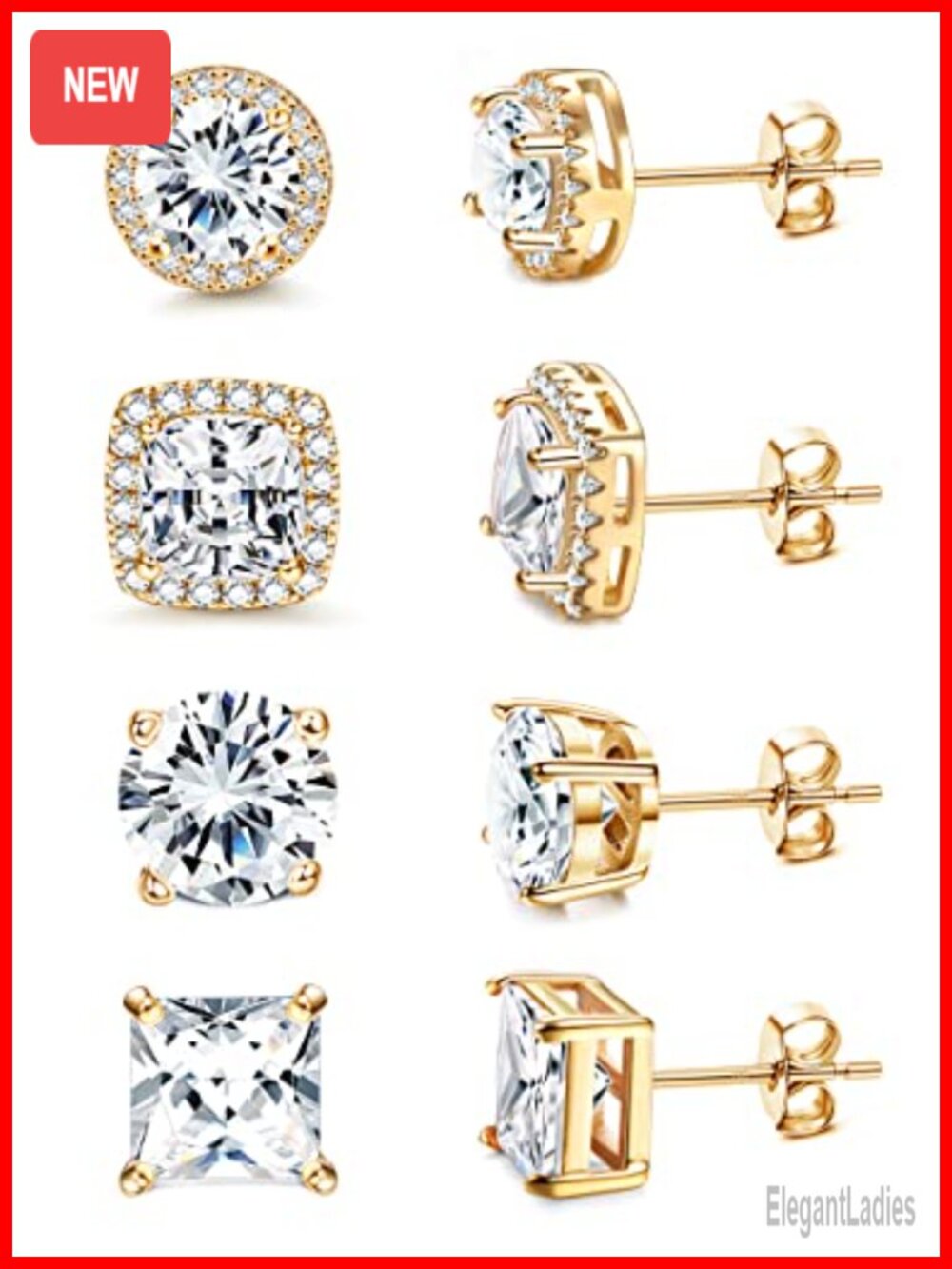 S925 Sterling Silver Stud Earrings 18K Gold Plated Cubic Zirconia Halo